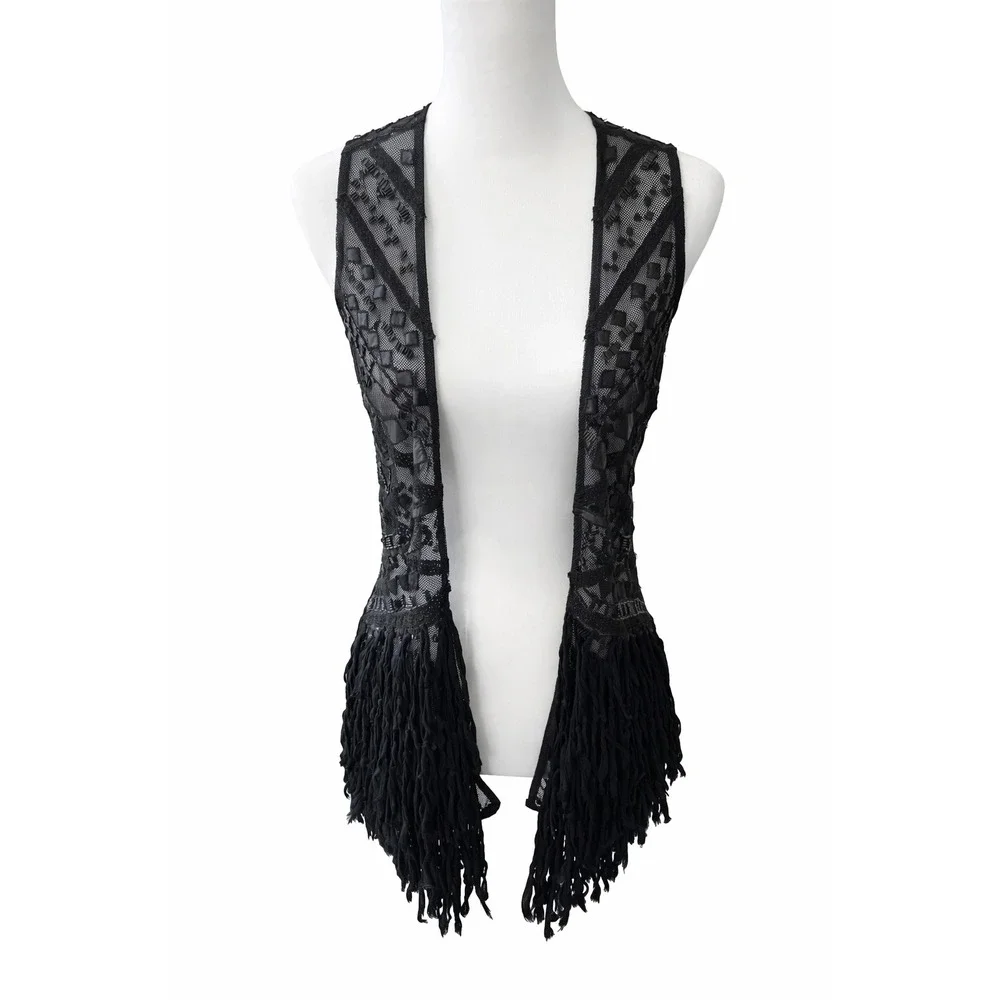 Boho Black Embroidered Womens Fringe Vest Med Y2K Witchy Whimsigoth Western NEW‎